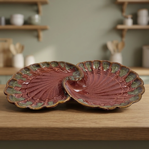 Assiettes de service en céramique en forme de coquille, glaçure rouge vintage, compatibles lave-vaisselle, lot de 2 - Product Image 1