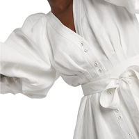 Mini robe trapèze blanche à manches bouffantes et col en v pour femmes, design vintage, ceinture personnalisée, boutons, sexy