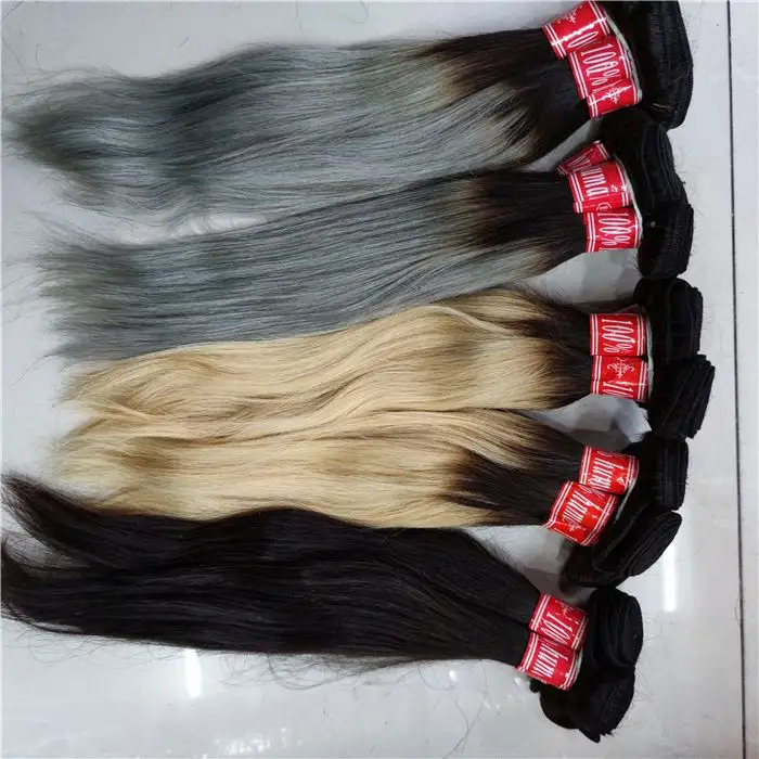 Letsfly-extensiones de cabello humano brasileño Remy, pelo ondulado liso de alta calidad, color gris, Rubio y negro