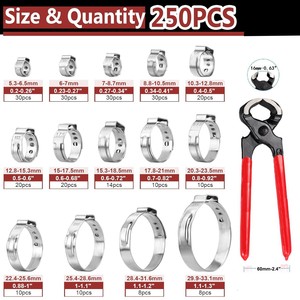250 Pcs Single Ear <b>Hose</b> <b>Clamps</b> 5.3-33.1mm Stainless Steel Kit For Repair And Replacement - Product Image 2
