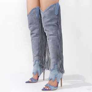 Botas largas de verano para mujer con borlas, tacón de aguja, punta abierta, diamantes, patchwork y cremallera lateral - Product Image 2