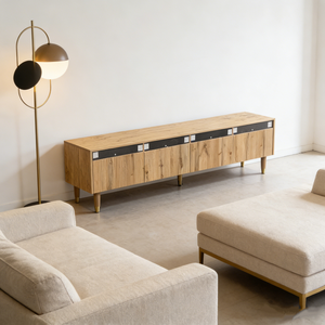 Mueble para <span class=keywords><strong>TV</strong></span> de Madera Acanalada Estilo Mid-Century, Estándar Europeo, Ecológico, Gran Capacidad de Almacenamiento, Consola Multimedia para Dormitorio, Comedor y Sala de Estar - Product Image 2