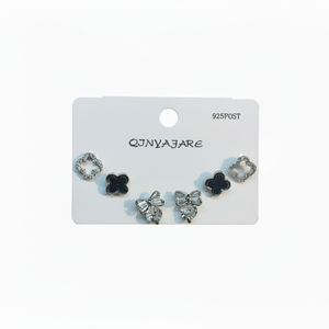 Set di Orecchini a Perno Qjnyajare Placcati Argento con Cristalli e Strass, Farfalla e Trifoglio, Gioielli Moda Donna in Argento 925 - Product Image 1