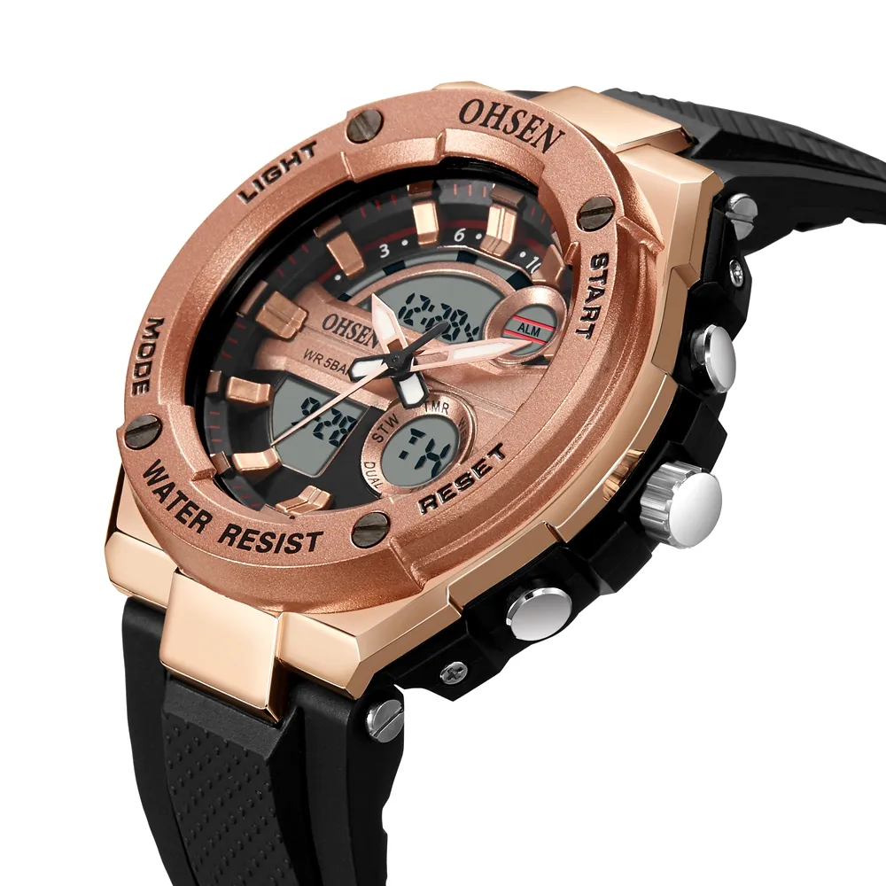 OHSEN 2205 speciale orologio digitale da uomo in oro rosa cinturino in Silicone superiore doppio display data display fornitore di orologi sportivi per il tempo libero