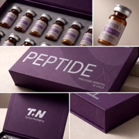 Boîte rigide personnalisée avec couvercle et base en prunier pour 10 flacons de peptides, impression offset avec éponge