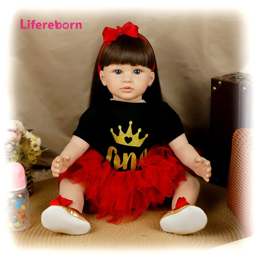 Lifereborn Factory Provide Directly Reborn Doll Toddler 60CM Soft Baby Girl Doll Toys Reborn Baby Dolls With Long Brown Hair