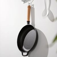 Wajan Penggorengan Pancake Besi Cor Genggam, Alas Multi-Lapisan Komposit, Tutup Kayu, Universal untuk Gas dan Induksi, Tanpa Lapisan Anti Lengket