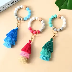 Silicone Bead Keychain Wanita Food Grade Silikon Gelang Gantungan Kunci Pinggiran Tali Bungee Manik-manik Gelang Liontin Kunci