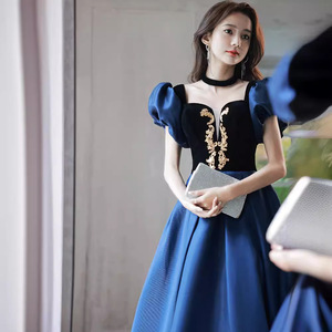 Evening Gown For Women Blue Empire Waist Sweetheart Neckline Contrast Color Long Dress Formal Party Wear - Product Image 2