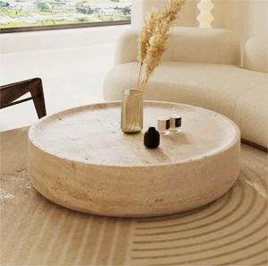 Mesa de Centro Redonda de Mármol Nórdico, Mesa de Té de <span class=keywords><strong>Piedra</strong></span> Natural, Mesa Auxiliar de Travertino para Decoración de Sala de Estar - Product Image 2