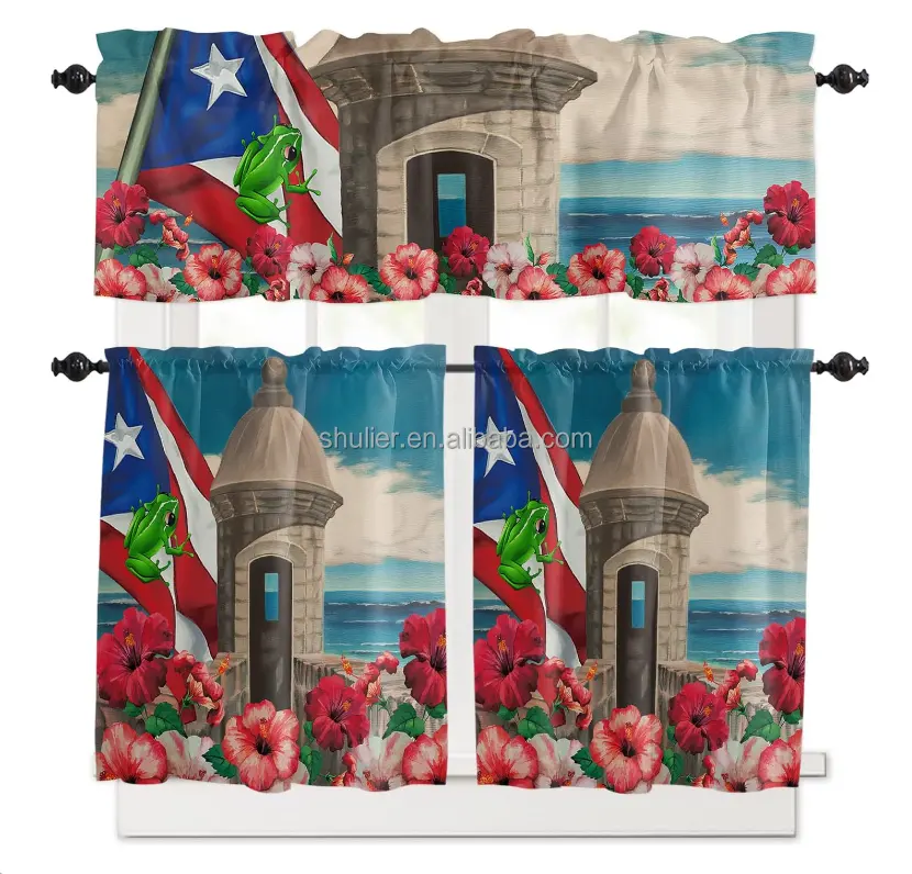 custom any design 3 Pieces Rod Pocket Tiers Curtain Hibiscus Flower and Flag Small Window Valance Sets Treatment Drapes