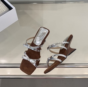 Silver Sandals Sweet Bow Square Toe Wedge Outdoor <b>Shoes</b> Women's Summer New Style Slippers - Product Image 5