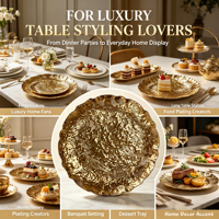 Assiette de présentation en plastique doré électrolytique personnalisée, motif plume de paon en relief, pour décoration de table de mariage, hôtel, banquet
