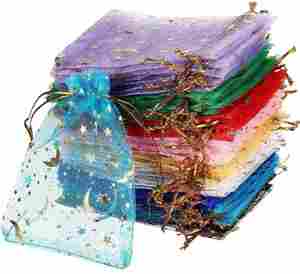 Sacs en organza transparent à cordon avec des étoiles et la lune, sacs à bijoux, sacs cadeaux, pochettes en organza avec des étoiles dorées pour les fêtes de mariage - Product Image 1