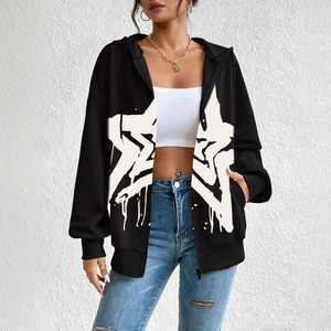 Sudadera con capucha y cremallera con estampado de estrellas para mujer, estilo Y2K, holgada, con capucha, estilo grunge, estética urbana, chaqueta de punto de manga larga - Product Image 4