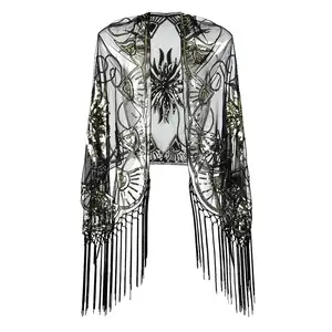 1920s Sequined Flowers Shawl Wraps Fringed Evening Cape Wedding Bridal Shawl Scarf for Evening Dresses Party