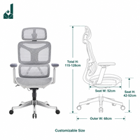Chaise de bureau ergonomique haut de gamme à dossier haut et entièrement en maille, avec support dorsal en alliage d'aluminium argenté et accoudoirs 5D modernes et réglables