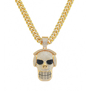 Collier Pendentif Crâne Hip Hop Plaqué Or et Argent, Sertie de Diamants, Chaîne Cubaine pour Homme, Écoutez de la Musique - Product Image 5
