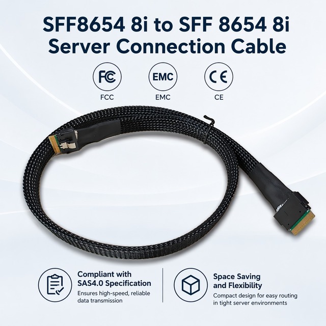 SAS4.0 24Gbps Server Cable SFF-8654 8i to SFF-8654 8i PCIe4.0 16Gbps Data Transmission 100ohm Impedance Flat Ribbon Wire