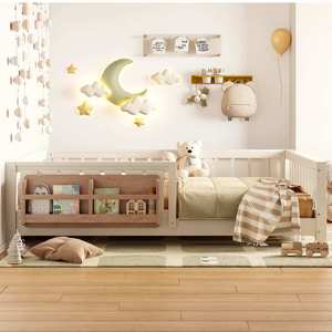 <span class=keywords><strong>Lit</strong></span> pour enfants en bois massif Montessori à profil bas, écologique, avec plateforme au sol, barrière et bibliothèque - Product Image 2