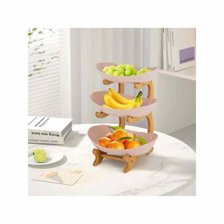 4-Stand Bamboo Serving Bowls with PP Fruit Tray Snack Plate Rack for Party Wedding Eco-Friendly 3-Tier Serving Bowls with Stand