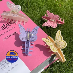 INS Style Wholesale Butterfly Hair Claws For Girls 8.5 CM Acetate Shark Hair Clips Candy Color Rhinestone Hairgrips
