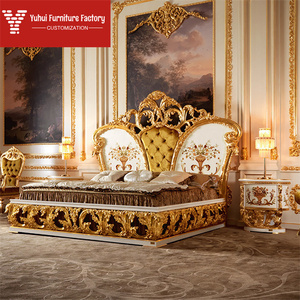 מסגרת מיטה מותאמת אישית מפוארת צרפתית קלאסית מזהב לבן עם מסגרת מיטה מלכותית באיכות גבוהה בסגנון בארוק סִגְנוֹן מעץ מלא בגודל קינג סייז - Product Image 1