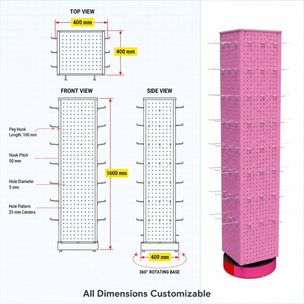 Wholesale Custom 4-Side Rotating Metal Pegboard Display Rack Floor Standing Rotary Stand Retail Shop Display Merchandising OEM — view 4
