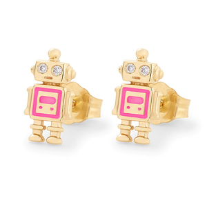 Boucles d'oreilles clous QLEESI pour enfants, forme robot, couleur émail tendance, en argent sterling S925 plaqué or 18 carats - Product Image 1