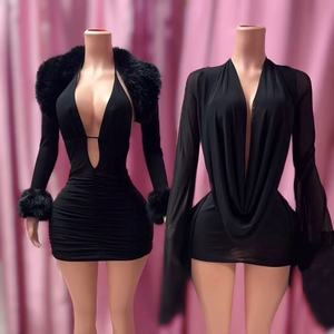 PEEQI D25DS222 Nuovo Abito <span class=keywords><strong>Mini</strong></span> da Donna alla Moda, Vestito <span class=keywords><strong>a</strong></span> <span class=keywords><strong>Rete</strong></span> Trasparente con Maniche Lunghe, Schiena Scoperta, Arricciato, Linea ad <span class=keywords><strong>A</strong></span>, <span class=keywords><strong>Abiti</strong></span> Sexy da Donna - Product Image 1