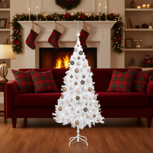 Árbol de Navidad Artificial de PVC Blanco Preiluminado de 70.9 Pulgadas con Juego de Bolas, Luces LED Cálidas, Base para Interior - Product Image 2