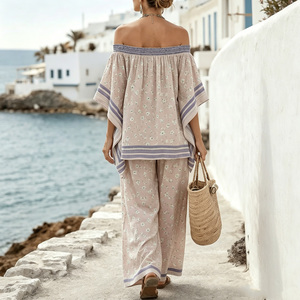 Women Bohemian Floral Printed 2 Piece Set Off Shoulder Top and Wide Leg <b>Pants</b> Casual Loose Outfit - Product Image 4