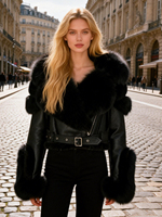 Jxwatcher Pelzjacke mit Gürtel Winter Luxus Großer Echter Fuchspelz mit Kapuze Großhandel Echtes Schafsfell Dicker Ledermantel Damen