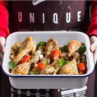 Plateau carré en métal durable, émail blanc vintage, avec logo personnalisé imprimé, pour la cuisine domestique, pour la cuisson et les plats