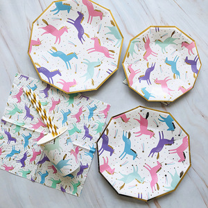 Palmy nouveau décagonal coloré dessin animé <span class=keywords><strong>licorne</strong></span> papier jetable assiette papier tasse serviettes fête vaisselle ensemble anniversaire décoration - Product Image 1