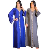 Dubai Baju Muslim Wanita Biru Leher V Lengan Panjang Arab Rhinestones Timur Tengah Flowy Maxi Long Dress Abaya Jubah Muslim Wanita
