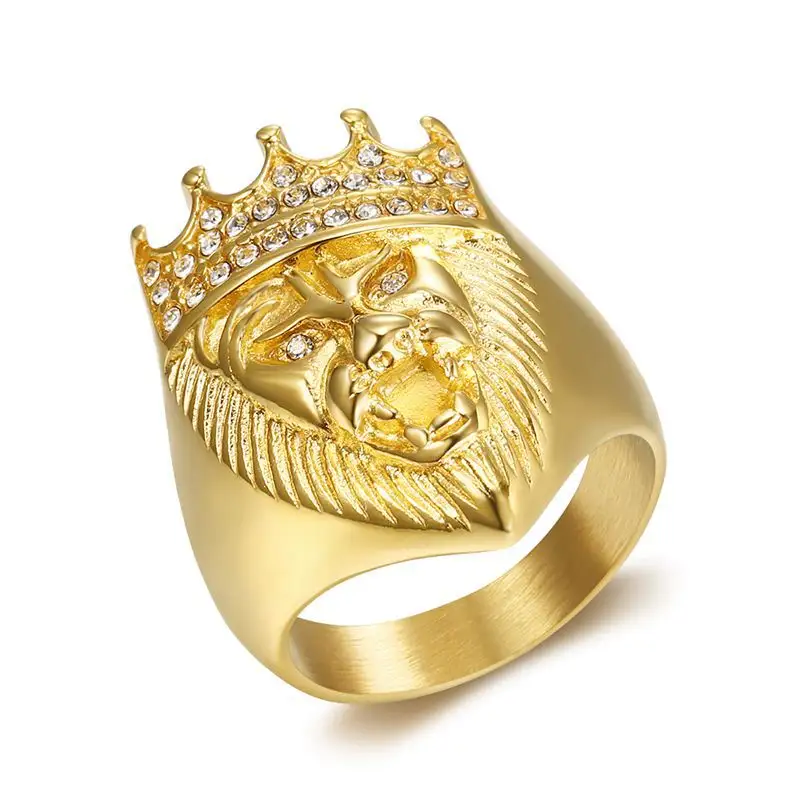 Grosir Cincin Ukiran Mewah untuk Pria Mahkota Raja Hip Pop Personalized Chunky Lion Gold Rings