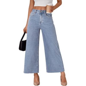 Jeans de mujer de cintura alta, pierna ancha, elásticos, de mezclilla, con corte al tobillo y bajo deshilachado - Product Image 1