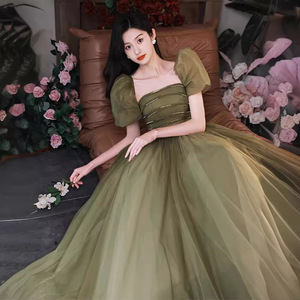 Ethereal Green Evening Gown Square Collar Puff Sleeve Vintage Formal Dress Empire Waist Long Ball Gown Forest Style - Product Image 2