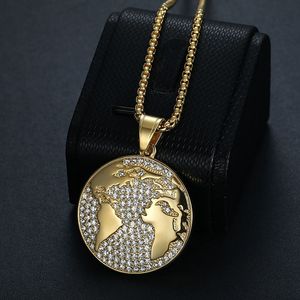 Stainless Steel Gold Plated Rhinestone World <b>Map</b> Pendant Necklace Unisex Hip Hop Jewelry Gift - Product Image 5