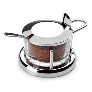 Contenitore in vetro per parmigiano con cucchiaio, coperchio e base in acciaio inossidabile per uso da tavola - Product Image 1