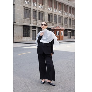 78% Polyester 18% Rayon 4% Spandex Solid Breathable Regular Fit Woven Silk Notched Collar Women's <b>2</b>-<b>Piece</b> Long Office Top <b>Set</b> - Product Image 2