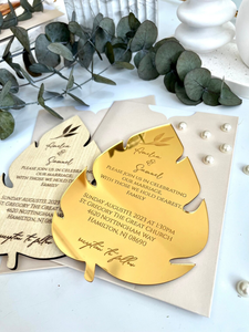 Invitation de mariage à feuilles tropicales Conception de feuilles de <span class=keywords><strong>palmier</strong></span> Monstera, thème botanique vert pour les mariages à destination de plage - Product Image 3