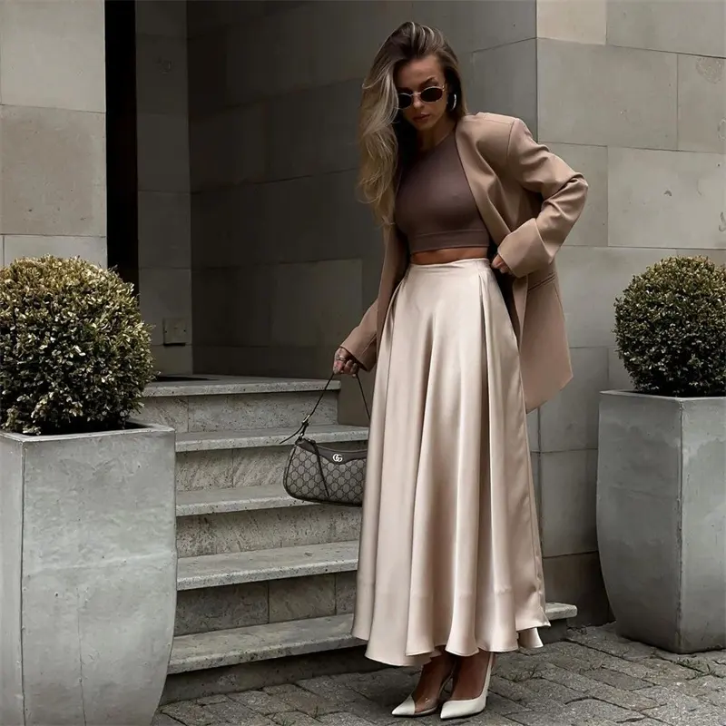 Nueva elegante Falda larga de satén de cintura alta Falda midi de temperamento de lujo para mujer