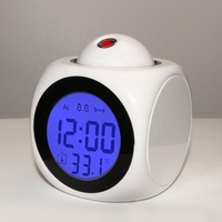 Réveil de bureau à projection lumineuse LCD, diffusion vocale de l'heure, numérique, fonctionne sur piles, affichage de la température, sonnerie horaire