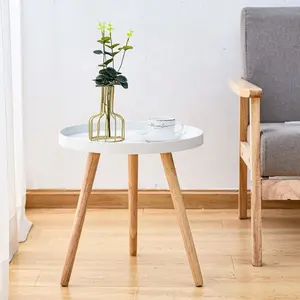 Round Side Table, White Nightstand Coffee End Table Easy Assembly Modern Home Decor Bedside Table With Natural Wood Legs