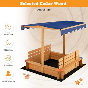 Kids Sandbox, Wooden Square Sandpit with Canopy, Built-in Seat, Bottom <b>Liner</b>, Outdoor Sand Box for Backyard <b>Garden</b> Beach - Product Image 5