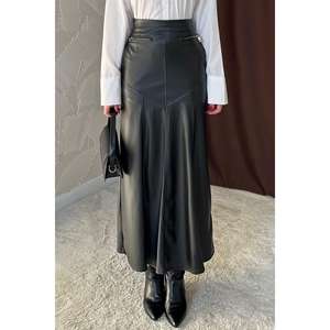 Wholesale Genuine Leather Pencil <b>Skirt</b> with Zipper Detail <b>Black</b> Woolen Fur Plain Style XS Winter Size - Product Image 2