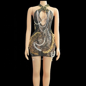 Thiết Kế Mới Dây Chuyền Vàng Sexy Xem Qua Mini Phụ Nữ Của Quần Áo Thanh Lịch Sexy Lưới Rhinestone Ăn Mặc Thanh Lịch Nhiệt đới Evening Dresses - Product Image 2