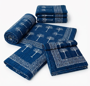 Couvre-lit indien Kantha en coton fait main avec motif palmier, décoration artisanale pour la maison, impression à la main, Kantha 90×108 pouces - Product Image 3